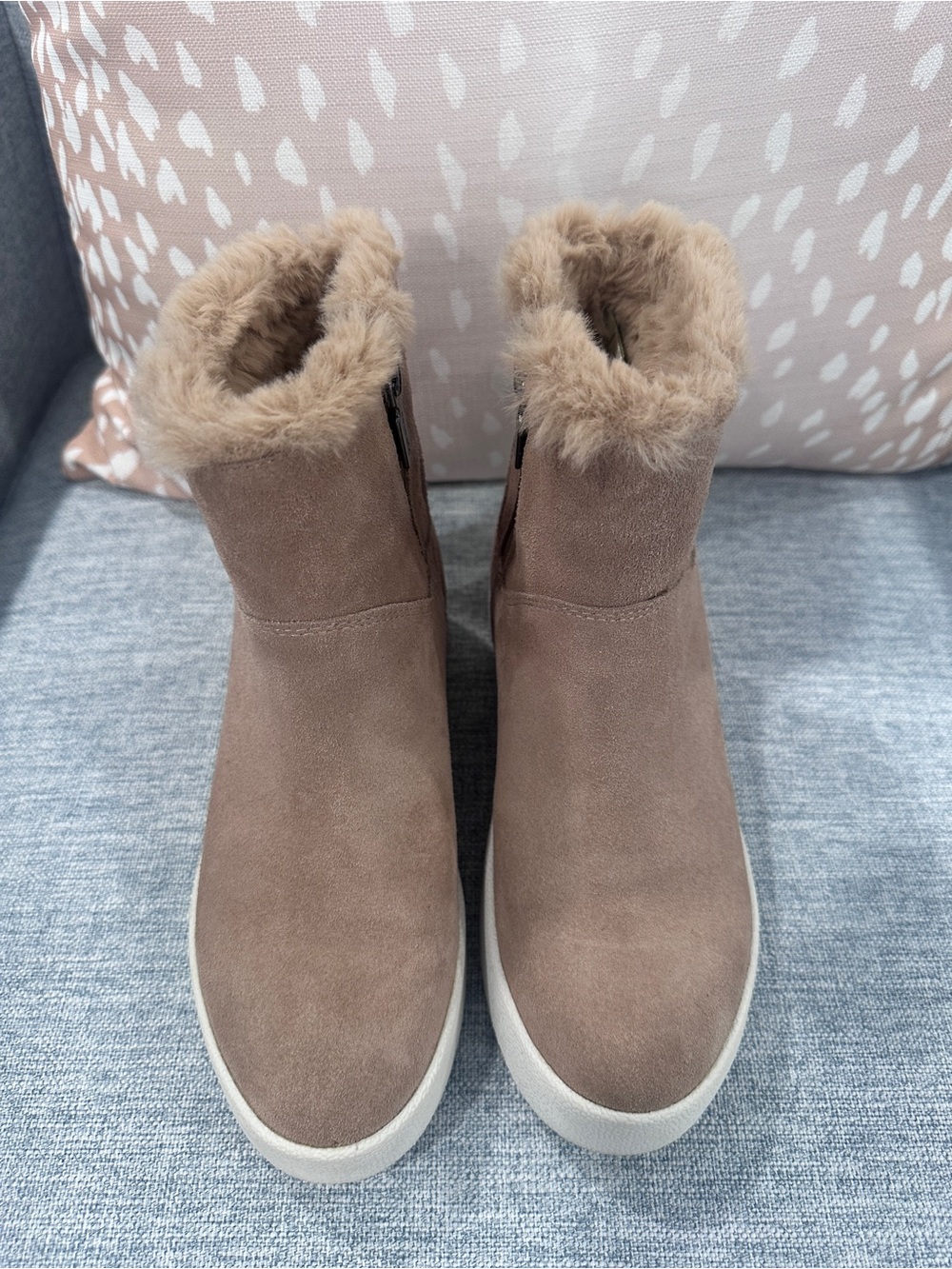 Blondo Taupe Faux-Suede Fur-Trim Ankle Boots